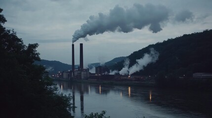 Fototapeta premium Pollution Impact on Riverbank with Thick Smoke