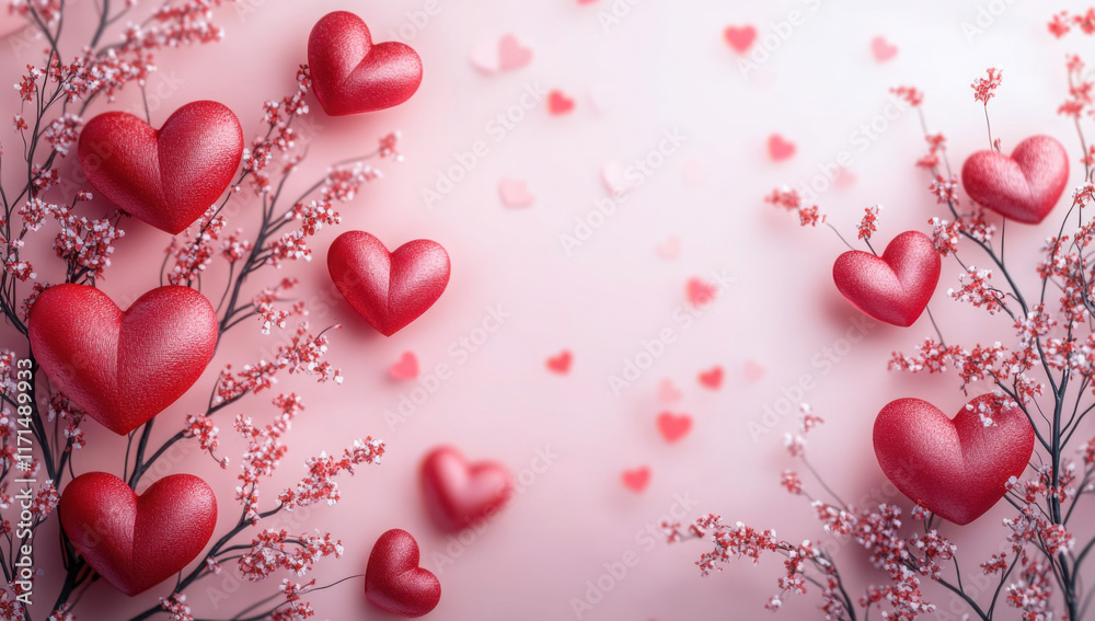 Wall mural A pink background with red heart-shaped decorations, some on branches, some scattered, creating a romantic Valentine's Day theme