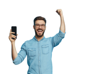 Happy excited sucessful modern man holding phone and raising arm up to celebrate achievement, isolated on PNG