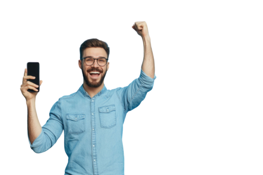 Happy excited sucessful modern man holding phone and raising arm up to celebrate achievement, isolated on PNG