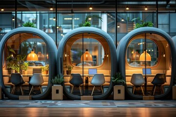 Modern office pods with individual workspaces.