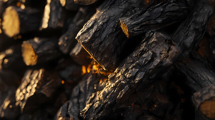 Fototapeta premium Detailed close-up of a stack of firewood, focusing on the rich textures and natural variations, captured with hyper-realistic cinematic photography. Runewood. Illustration