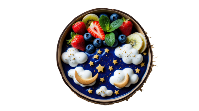 Cosmic Smoothie Bowl with Stars, Clouds, and Berries on Transparent Background - Powered by Adobe