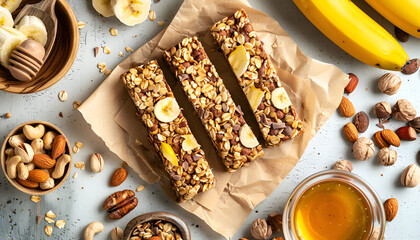 Healthy Organic Energy Granola Bites with Nuts, Cacao, Banana and Honey - Vegetarian Raw Snack or Meal