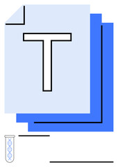 Documents with bold T, test tube with DNA helix, and geometric lines in a structured layout. Ideal for science, education, research, genetics, data analysis, minimalism abstract line flat metaphor