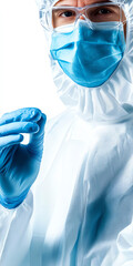Fototapeta premium Healthcare professional in protective gear, holding hand up for safety measures, isolated on white background.