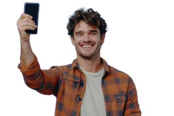 Happy excited sucessful modern man holding phone and raising arm up to celebrate achievement, isolated on PNG