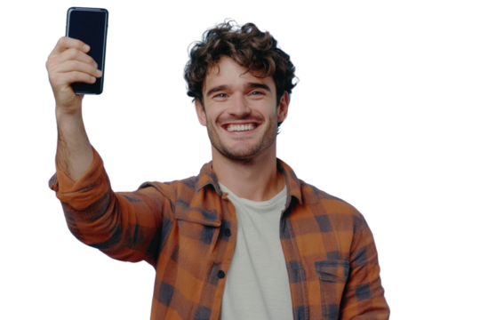 Happy excited sucessful modern man holding phone and raising arm up to celebrate achievement, isolated on PNG