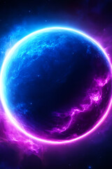 Obraz premium A vibrant, stylized planet surrounded by luminous purple and blue cosmic clouds in the depths of space.