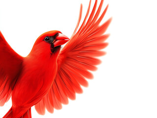 Fototapeta premium Vibrant red cardinal in flight, showcasing its stunning wings and striking plumage against a white background.