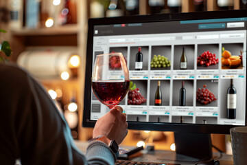 A person holding a wine glass browses wine bottles online. Concept of online shopping and wine tasting. For marketing online wine stores.