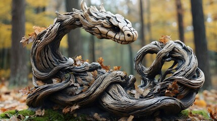 Mystical forest scene with a snake like sculpture formed from twisted wood roots and fallen branches in an autumn landscape