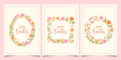 Happy Easter. Set of greeting cards with spring flowers in pastel colours