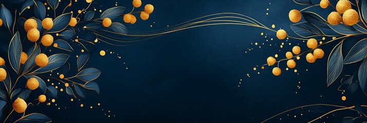 Floral banner design featuring golden accents on a dark blue background for elegant presentations and events