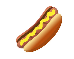 Fast food cooked sausage of hot dog in sliced bun with yellow mustard icon