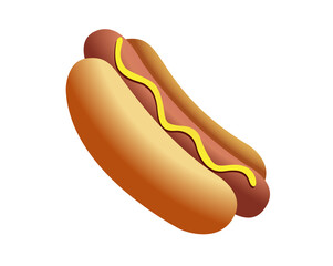 Fast food cooked sausage of hot dog in sliced bun with yellow mustard icon
