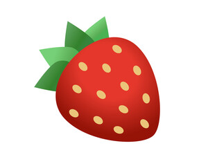 Fruit of rich red strawberry dotted icon with seeds and crowned with green leaves