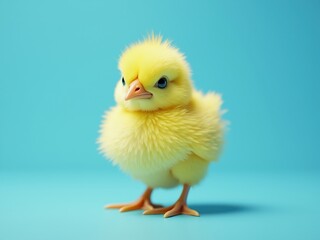 Fototapeta premium Small yellow chick standing on blue background