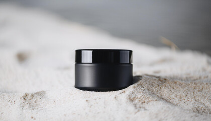 Black cream jar on white sandy surface. Cosmetic product. Beauty and skin care concept.