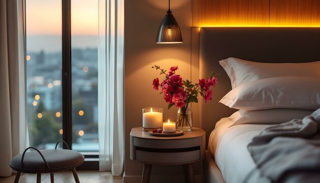 A view of a nightstand in a hotel room with a cozy and romantic environment, generated with ai