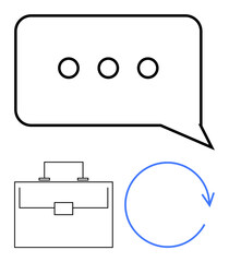 Speech bubble with dots, briefcase, and circular arrow symbolizing communication, work process, iteration, tasks, and collaboration. Ideal for business, teamwork workflow planning productivity