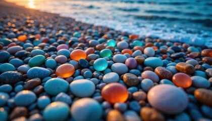 Fototapeta premium Sunset casts a warm glow on colorful pebbles lining the beach, creating a picturesque coastal scene.