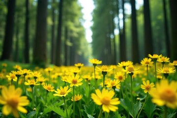 Obraz premium Bright yellow flowers bloom amidst towering trees, wildflowers, growth, yellow