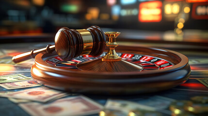 Soft glowing roulette background with gavel and euro notes