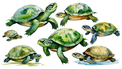 A collection of watercolor turtle Illustration