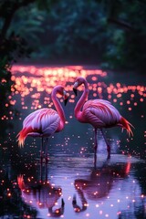Two flamingos, romantic pose, glowing water.
