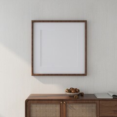 Blank square frame mockup on white wall with sideboard in decoration. 3D rendering, interior...