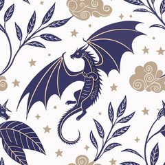 Mythical Creatures Seamless Pattern with Dragons