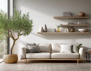 Interior of light living room with sofa, olive tree and shelf units