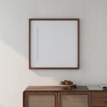 Blank square frame mockup on white wall with sideboard in decoration. 3D rendering, interior design, 3D illustration