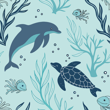 Aquatic Life Seamless Pattern with Dolphins and Turtles
