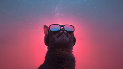 
portrait of a cat with Headphones, symmetrical, sunglasses, vibing, illustration, adobe illustrator, aesthetic with copy space for business poster 