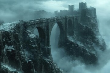 Misty mountaintop castle, ancient stone bridge.
