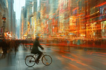 A cyclist navigates through a lively city street filled with illuminated billboards and crowds. Generative AI