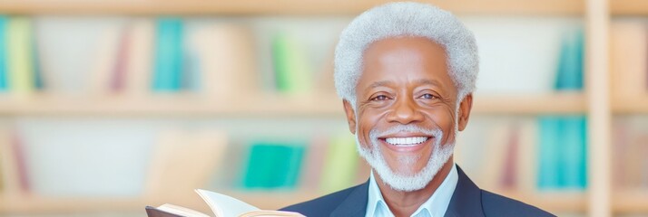 Senior man with white hair, dressed in a suit, smiling while holding an open book in a vibrant library setting.
