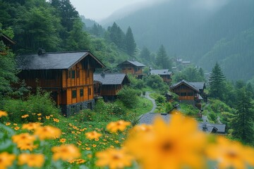 Rain-soaked village, mountainside, flowers.