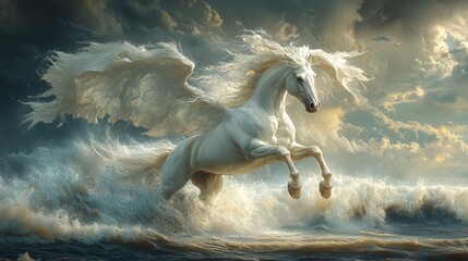 White winged horse leaps ocean waves, dramatic sky.