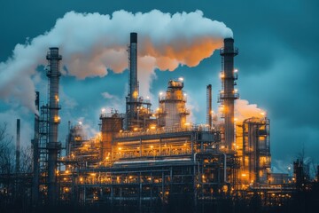 Obraz premium Heavy machinery and smokestacks operate under a dark sky, illuminated by bright lights. Generative AI