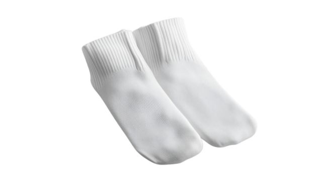 Pair of white cotton socks folded together, placed flat on a solid white background, ideal for product display or minimalist designs.
- Powered by Adobe