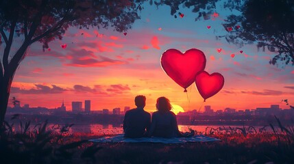 A couple sitting on a blanket in a park, heart balloons beside them, with the sunset creating a magical vibe