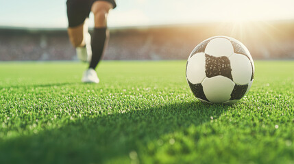 Obraz premium A soccer ball is on a green field with a player running towards it