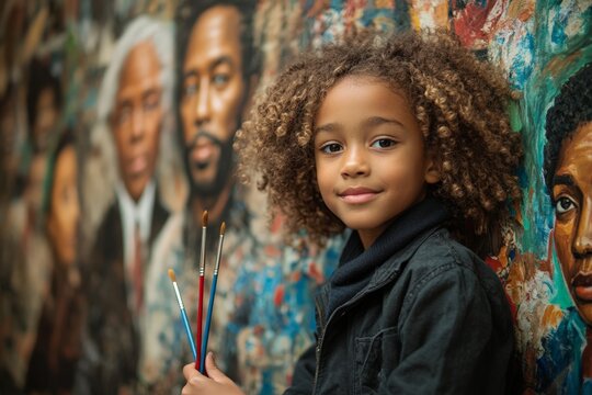 Smiling child with curly hair holding paintbrushes in front of a colorful mural, celebrating creativity and culture.