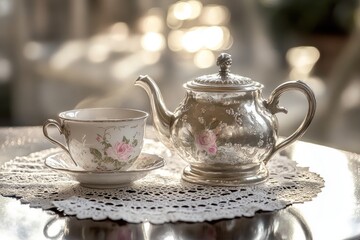 Fototapeta premium A silver teapot and matching cup sit on a lace doily atop a polished antique table, highlighting intricate details