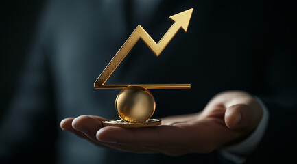 Businessman holding hand with golden icon of altered interest rate and ratio sign symbolizing axes in growth graph, arrow, chart