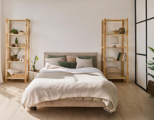 Interior of light modern bedroom with big bed, shelving units and bedside table