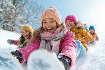 Happy children at winter time. Group of children spending a nice time in snow